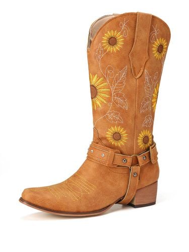 Retro Sunflowers Embroidered Pointed Toe Chunky Heel Harness Cowboy Boots For Women - Lostisy - Modalova