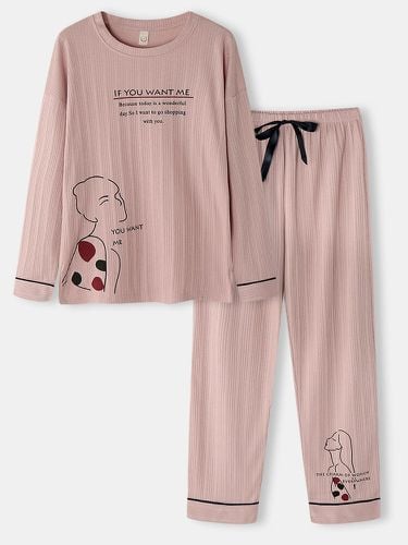 Ensembles de pyjama à la maison en coton à col rond et imprimé à lettres côteléess - Newchic - Modalova