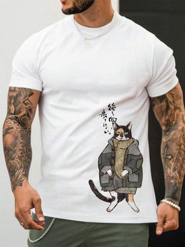 T-shirts à manches courtes et col ronds, imprimé de figurines de chat de dessin animé, hiver - Newchic - Modalova