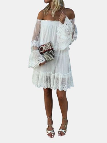 Flare Sleeve Off Shoulder Elastic Lace Patchwork Dress - ZANZEA - Modalova