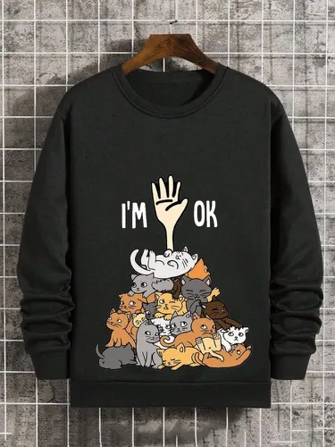 Sweat-shirt à col ras du cou imprimé avec slogan de chat de dessin animés, hiver - ChArmkpR - Modalova