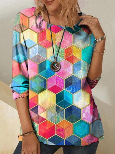 Color Block Print O-neck Long Sleeve Plus Size Casual T-shirt for Women - Newchic - Modalova