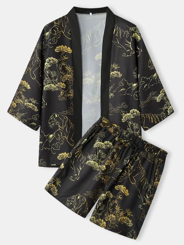 Mens All Over Jungle Print Kimono Drawstring Shorts Street Two Pieces Outfits - Newchic - Modalova