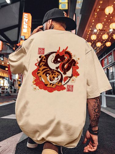 T-shirt à manches courtes et col ras du cou, imprimé Dragon chinois, hiver - Newchic - Modalova