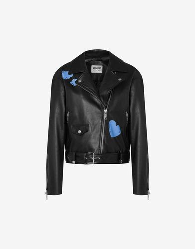 Blouson De Motard En Cuir Nappa Avec Imprimé Symbols - Moschino Jeans - Modalova