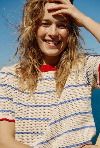 Pull manches courtes rayé en maille ajourée en coton - MONOPRIX - Modalova