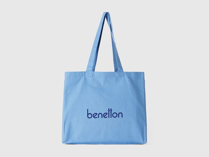 Benetton, Tote Bag In Pure Cotton, taglia U, Azzurro, Donna - United Colors of Benetton - Modalova