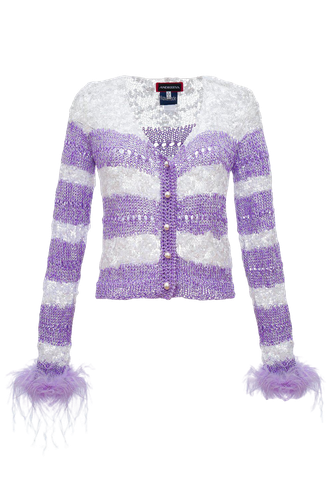 Lavender Handmade Knit Sweater With Detachable Feather Details On The Cuffs and Pearl Buttons - ANDREEVA - Modalova