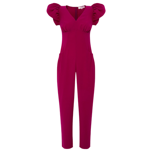 Puff Sleeved Crepe Jumpsuit (Fuchsia) - Femponiq - Modalova