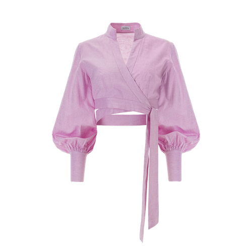 Puffed sleeve cropped linen blouse in pink - Lita Couture - Modalova