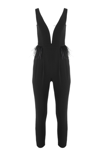 Black feather-trimmed V-neck jumpsuit - Lita Couture - Modalova