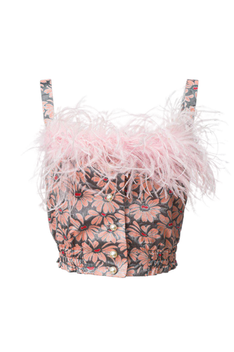 Grey flower top with pink feather details and pearl buttons - ANDREEVA - Modalova