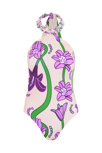 Torre Del Cielo Embroidered One Piece / Beige Violet Flowers - Juan de Dios - Modalova