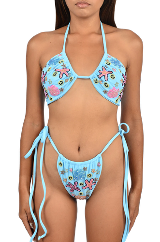 Fia Tropical Hand Embroidered Bikini Top Blue - Oceanus Swimwear - Modalova