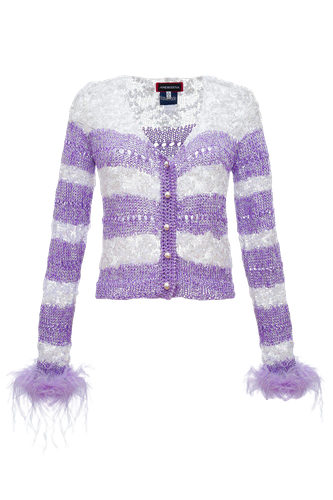 Lavender Handmade Knit Sweater With Detachable Feather Details On The Cuffs and Pearl Buttons | Women's Cardigans - ANDREEVA - Modalova