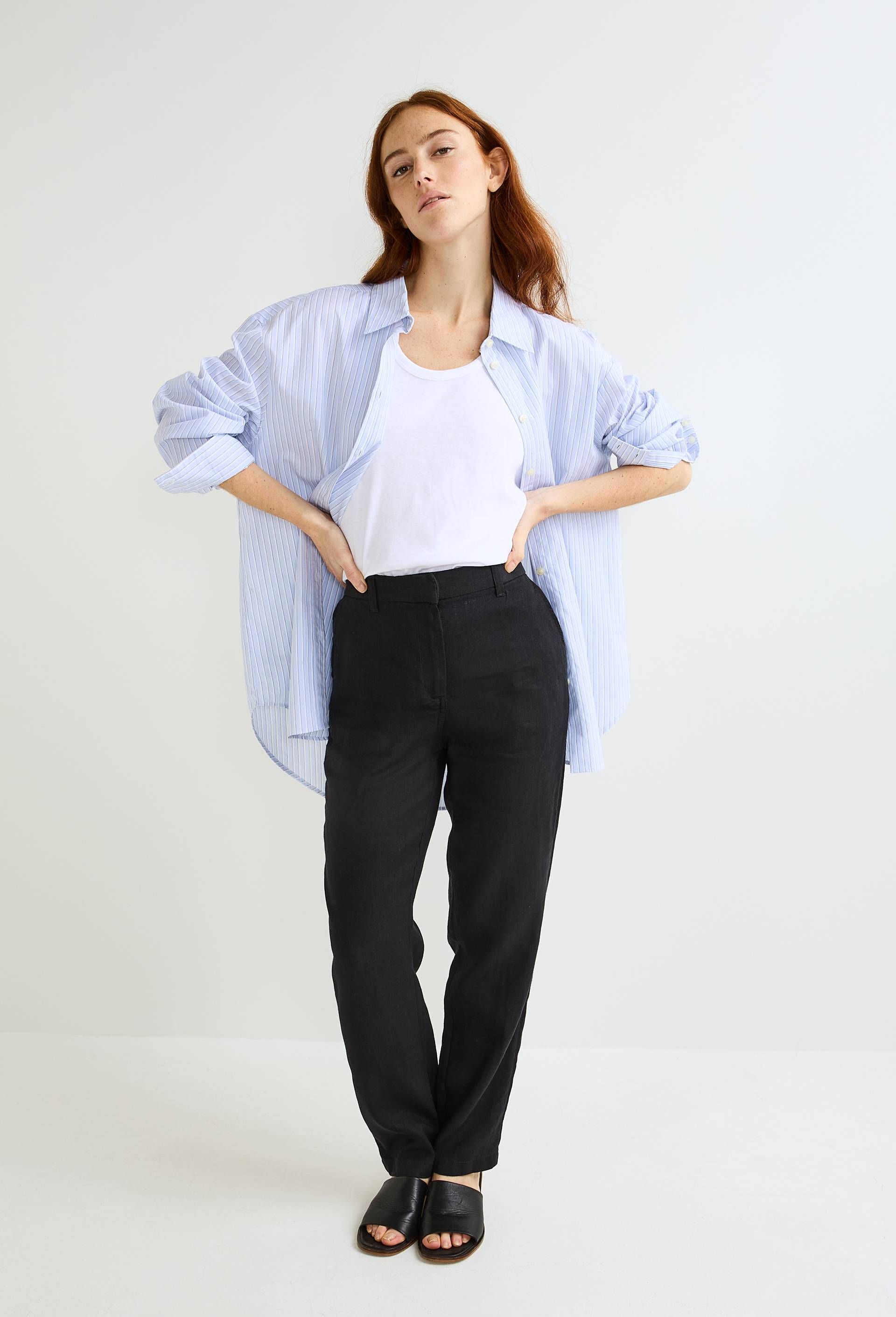 Pantalon carotte à taille semi-élastiquée en lin - MONOPRIX PREMIUM - Modalova