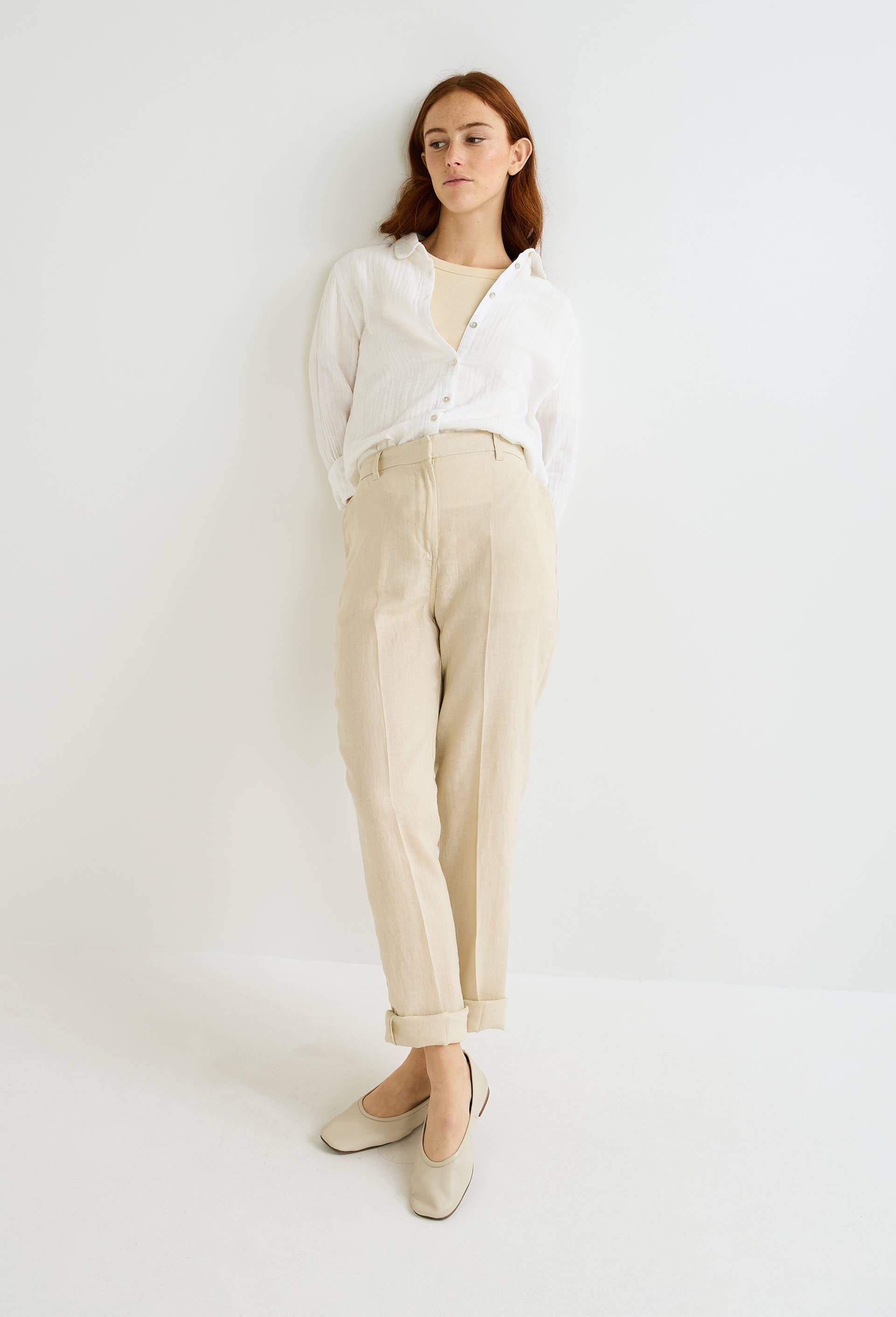 Pantalon carotte à taille semi-élastiquée en lin - MONOPRIX PREMIUM - Modalova