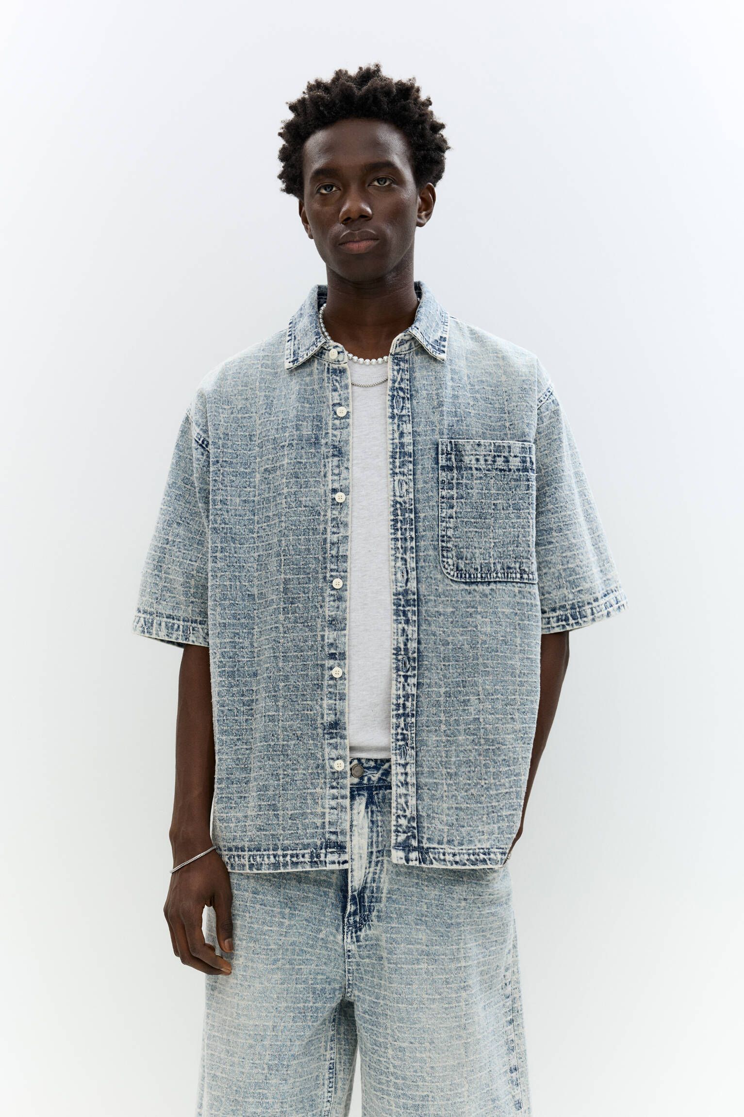 Chemise En Jean Jacquard À Carreaux - Pull&Bear - Modalova